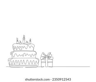 Continuous one line drawing of birthday cake with present box. Birthday cake outline vector illustration. Celebration, party, happy, celebrate, anniversary concept.