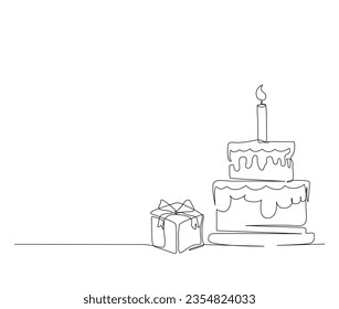 Continuous one line drawing of birthday cake with gift box. Party, anniversary and celebration concept. Minimalism Hand drawn vector illustration. 