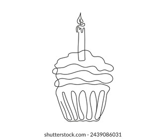 Kontinuierliche eine Zeile Zeichnung von Geburtstags-Cupcake mit einer entzündeten Kerze. Minimalistisches festliches Dessert. Vektor isoliert auf weiß. Gestaltungselement für Einladung, Druck, Begrüßung, Scrapbooking