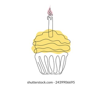 Dibujo continuo de una línea de cupcake de cumpleaños con una sola vela encendida. Postre festivo minimalista. Vector de color aislado en blanco. Elemento de diseño para invitación, impresión, saludo, scrapbooking