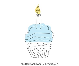 Continuous one line drawing of birthday cupcake with a  lit candle. Minimalist festive dessert. Colored Vector isolated on white. Design element for invitation, print, greeting, scrapbooking