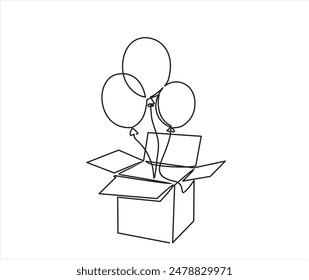 Continuous One line drawing of Birthday Open Gift box and Balloons inside. Festive present. Birthday celebration concept isolated on white background. Hand drawn design vector illustration