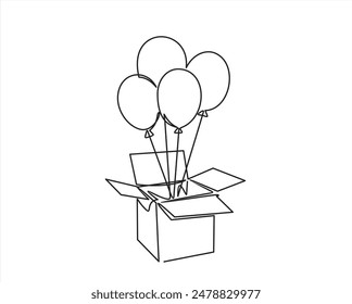 Continuous One line drawing of Birthday Open Gift box and Balloons inside. Festive present. Birthday celebration concept isolated on white background. Hand drawn design vector illustration