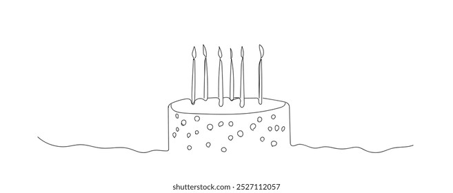 Continuous one line drawing of birthday cake with candles. Symbol of sweet celebration torte and pastry confectionery icon concept in simple linear style. Hand made vector not AI.