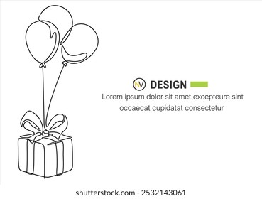 Continuous One line drawing of Birthday Gift box with bow and Balloons. Festive present. Birthday celebration concept isolated on white background.