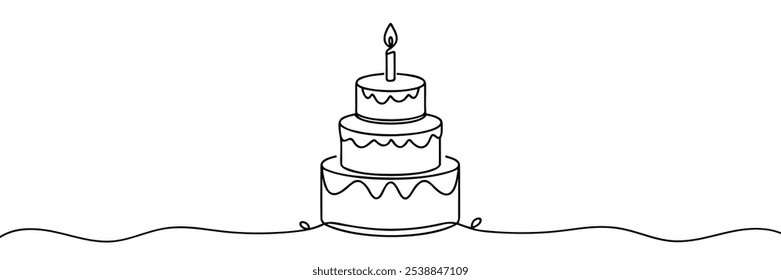 Continuous one line drawing of birthday cake with candles. Symbol of sweet celebration torte and pastry confectionery icon concept in simple linear style.