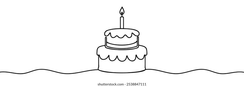 Continuous one line drawing of birthday cake with candles. Symbol of sweet celebration torte and pastry confectionery icon concept in simple linear style.