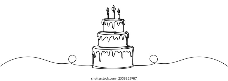 Continuous one line drawing of birthday cake with candles. Symbol of sweet celebration torte and pastry confectionery icon concept in simple linear style.