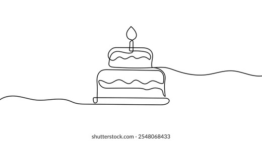 Continuous one line drawing of birthday cake with candle. Symbol of sweet celebration torte and pastry confectionery icon concept in simple linear style. Editable stroke. Doodle vector illustration