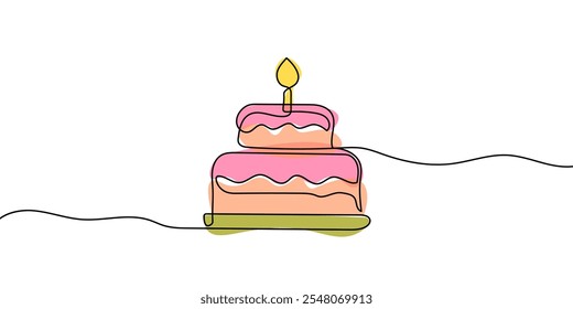 Continuous one line drawing of birthday cake with candle. Symbol of sweet celebration torte and pastry confectionery icon concept in simple linear style. Editable stroke. Doodle vector illustration