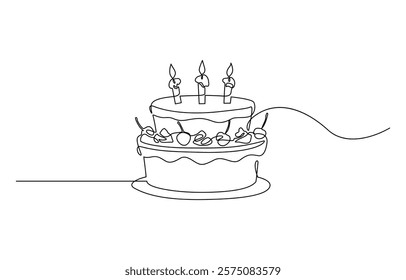 Continuous one line drawing of birthday cake with candles, One Continuous Line Drawing of Happy Birthday Icon. Single Line Vector Illustration.