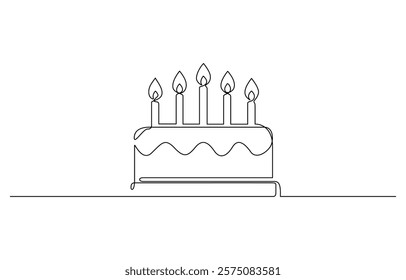 Continuous one line drawing of birthday cake with candles, One Continuous Line Drawing of Happy Birthday Icon. Single Line Vector Illustration.
