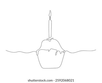 Continuous one line drawing of birthday cake with candle. Symbol of sweet celebration torte and pastry confectionery icon concept in simple linear style. Hand made vector not Al