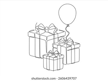 Continuous One line drawing of Birthday Gift box with bow and Balloon. Festive present. Birthday celebration concept isolated on white background. Hand drawn design vector illustration