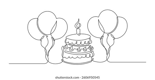 Continuous one line drawing of birthday cake and air balloons isolated on white background