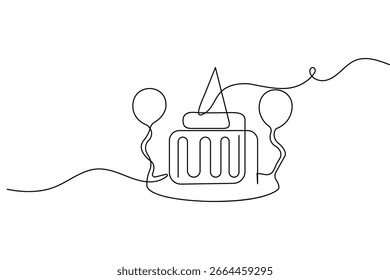 Continuous one line drawing of birthday cake in minimalist style isolated outline vector illustration