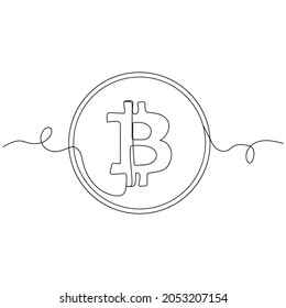Continuous one line drawing of bitcoin icon in silhouette on a white background. Linear stylized.