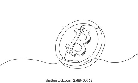 Continuous one line drawing of a Bitcoin coin sinking in water. Minimalist cryptocurrency concept, symbolizing market volatility, financial risk, or decline. Vector Editable stroke