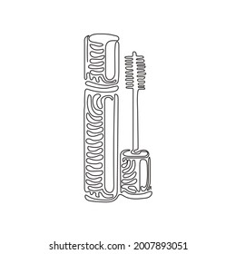 Continuous one line drawing black mascara bottle. Brush and mascara tube. Fashionable cosmetics makeup design for eyes. Swirl curl style concept. Single line draw design vector graphic illustration