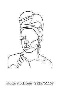 Continuous one line drawing of black woman with turban. Vector illustration.