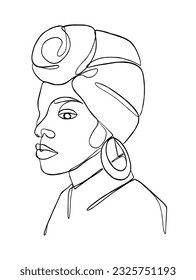 Continuous one line drawing of black woman with turban. Vector illustration.