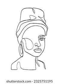 Continuous one line drawing of black woman with turban. Vector illustration.