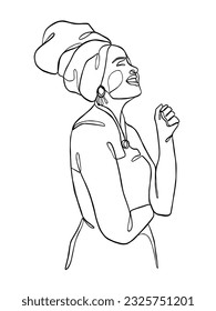 Dibujo continuo de una línea de mujer negra con turbante. Ilustración vectorial.