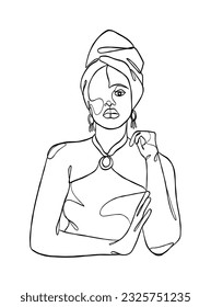 Continuous one line drawing of black woman with turban. Vector illustration.