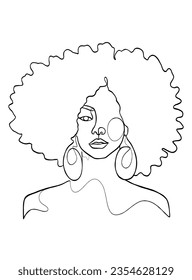 Continuous one line drawing of black afro woman. Vector illustration.