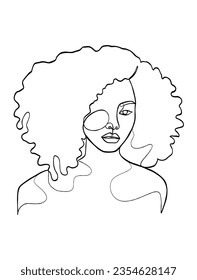 Continuous one line drawing of black afro woman. Vector illustration.