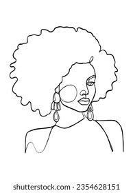 Continuous one line drawing of black afro woman. Vector illustration.