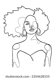 Continuous one line drawing of black afro woman. Vector illustration.