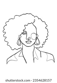 Continuous one line drawing of black afro woman. Vector illustration.