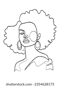 Dibujo continuo de una línea de una mujer negra afro. Ilustración vectorial.