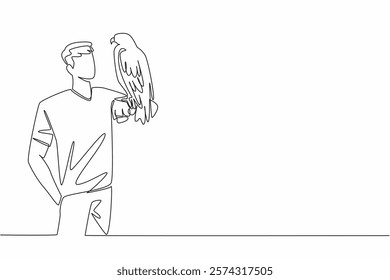 Continuous one line drawing black chested buzzard eagle perched on hand of man. Its natural habitat is in the open areas of South America. Man Holding Bird. Single line draw design vector illustration