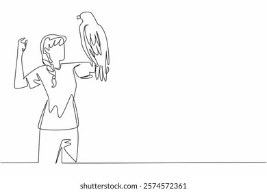 Continuous one line drawing black chested buzzard eagle perched on hand of woman. This bird was born as a predator with wide wings. Woman Holding Bird. Single line draw design vector illustration