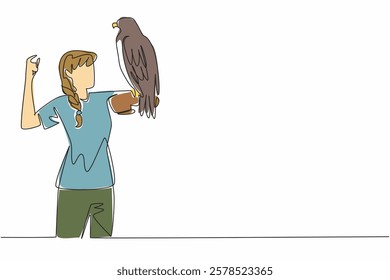 Continuous one line drawing black chested buzzard eagle perched on hand of woman. This bird was born as a predator with wide wings. Woman Holding Bird. Single line draw design vector illustration