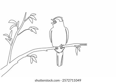 Continuous one line drawing blackcap bird perched on tree branch with leaves. Cold weather resistant birds. The songbird. International Dawn Chorus Day. Single line draw design vector illustration