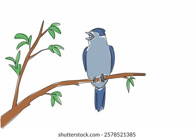 Continuous one line drawing blackcap bird perched on tree branch with leaves. Cold weather resistant birds. The songbird. International Dawn Chorus Day. Single line draw design vector illustration