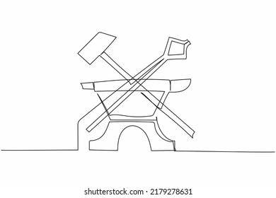 Continuous one line drawing blacksmiths tools icon. Crossed hammer, pliers, anvil. Craft and metalwork concept for emblems or labels templates. Single line draw design vector graphic illustration