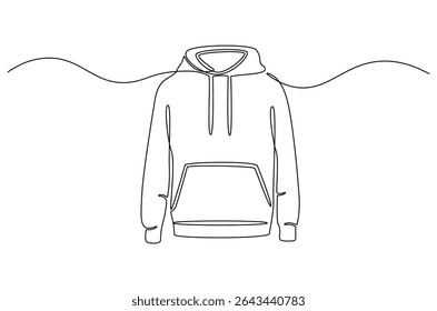 Continuous one line drawing of Blank hoodie template. Single line drawing illustration of Blank black hoodie template. For your design mockup for print concept vector art. Doodle line illustration.