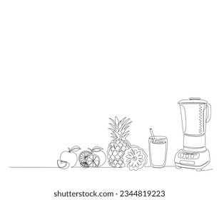 Continuous one line drawing of Blender, juice and fruits. Juice ,pineapple, orange, and apple one line vector. Editable stroke.