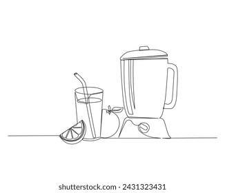 Dibujo continuo de una línea de licuadora o exprimidor con frutas. licuadora y jugo de naranja ilustración vectorial de contorno único. Trazo editable.