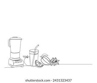 Continuous one line drawing of blender or juicer with fruits. Juicer or blender sand fruits ingle outline vector illustration. Editable stroke.