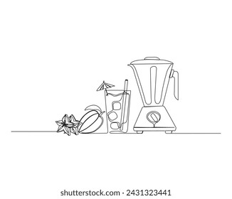 Durchgehende einzeilige Zeichnung von Mixer oder Entsafter mit Früchten. Mixer und Sternfruchtsaft Einzel Umriss Vektor-Illustration. Bearbeitbarer Strich.