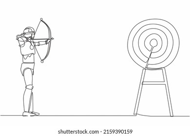 Continuous one line drawing blindfold robot holding bow arrow looking for target. Humanoid robot cybernetic organism. Future robotic development. Single line draw design vector graphic illustration