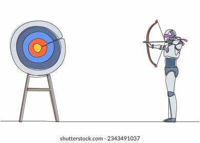 Robot continuo de dibujo de una línea vencedor con la flecha de la proa buscando el objetivo. Robot humanoide organismo cibernético. Desarrollo futuro de la robótica. ilustración vectorial de diseño de línea única