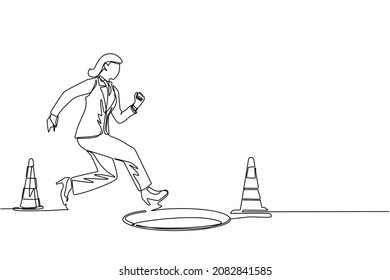 Continuous one line drawing blindfolded businesswoman running to find money with pit hole. Woman runs to business trap. Blind investment concept. Metaphor. Single line draw design vector illustration