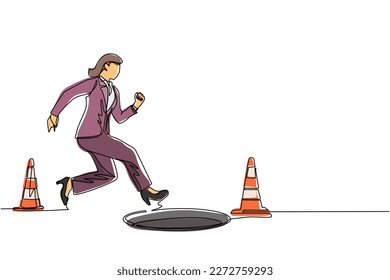 Una línea contínua dibujando a una empresaria con los ojos vendados corriendo para encontrar dinero con un pozo. La mujer corre a la trampa de los negocios. Concepto de inversión ciega. Metáfora. Ilustración vectorial de diseño de líneas simples