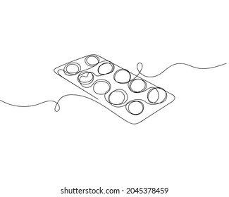 Dibujo continuo de una línea de blister con pastillas en silueta sobre un fondo blanco. Linear estilizado.Minimalista.